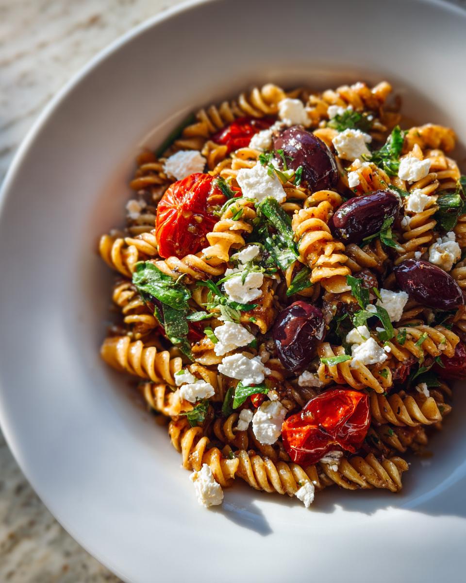 A close-up of a serving of mediterranean pasta salad featuring rotini pasta, crumbled feta, Kalamata olives, and roasted tomatoes.