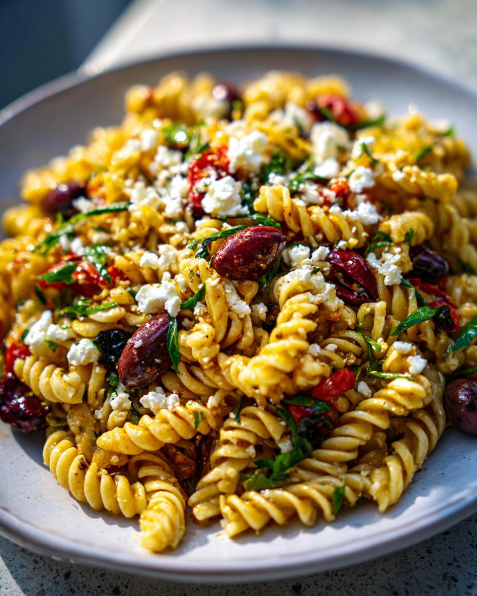 Close-up of vibrant mediterranean pasta salad featuring rotini, crumbled feta cheese, Kalamata olives, and green herbs.