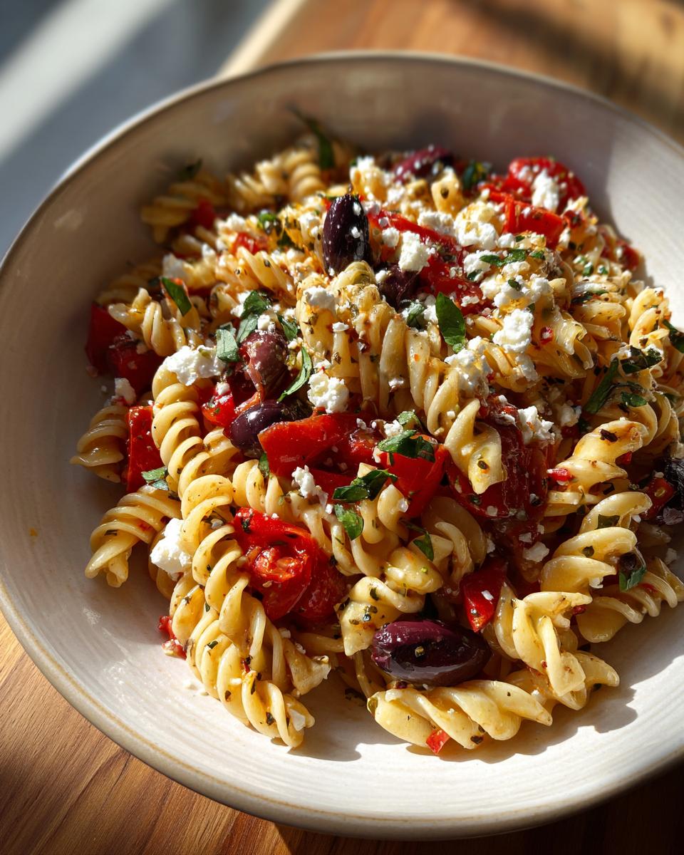 A close-up of a bowl filled with mediterranean pasta salad featuring fusilli, feta cheese, Kalamata olives, and tomatoes.