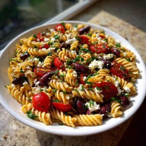 A close-up of a white bowl filled with mediterranean pasta salad featuring fusilli, cherry tomatoes, Kalamata olives, and feta cheese.