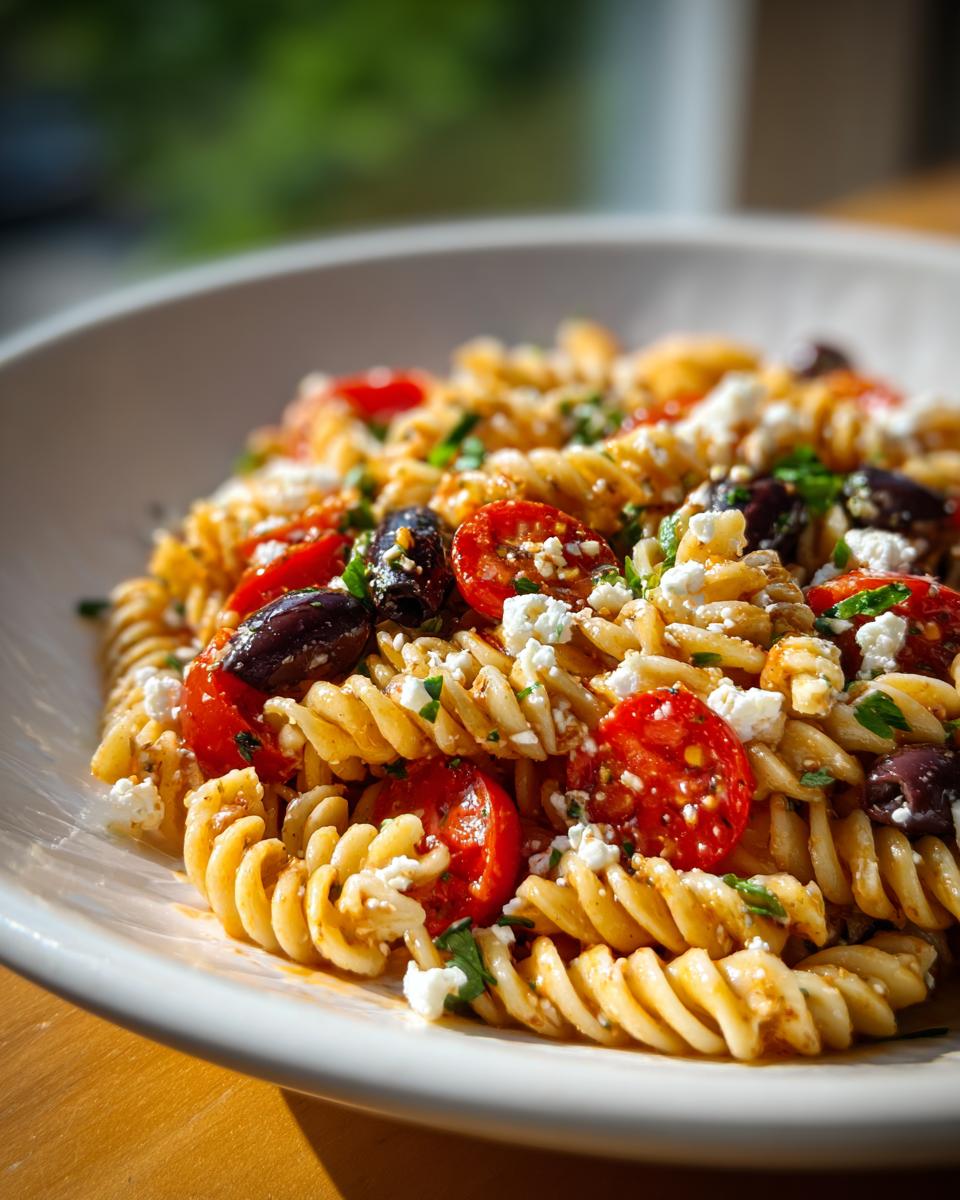 A close-up of a bowl of mediterranean pasta salad featuring rotini pasta, halved cherry tomatoes, black olives, and crumbled feta cheese.