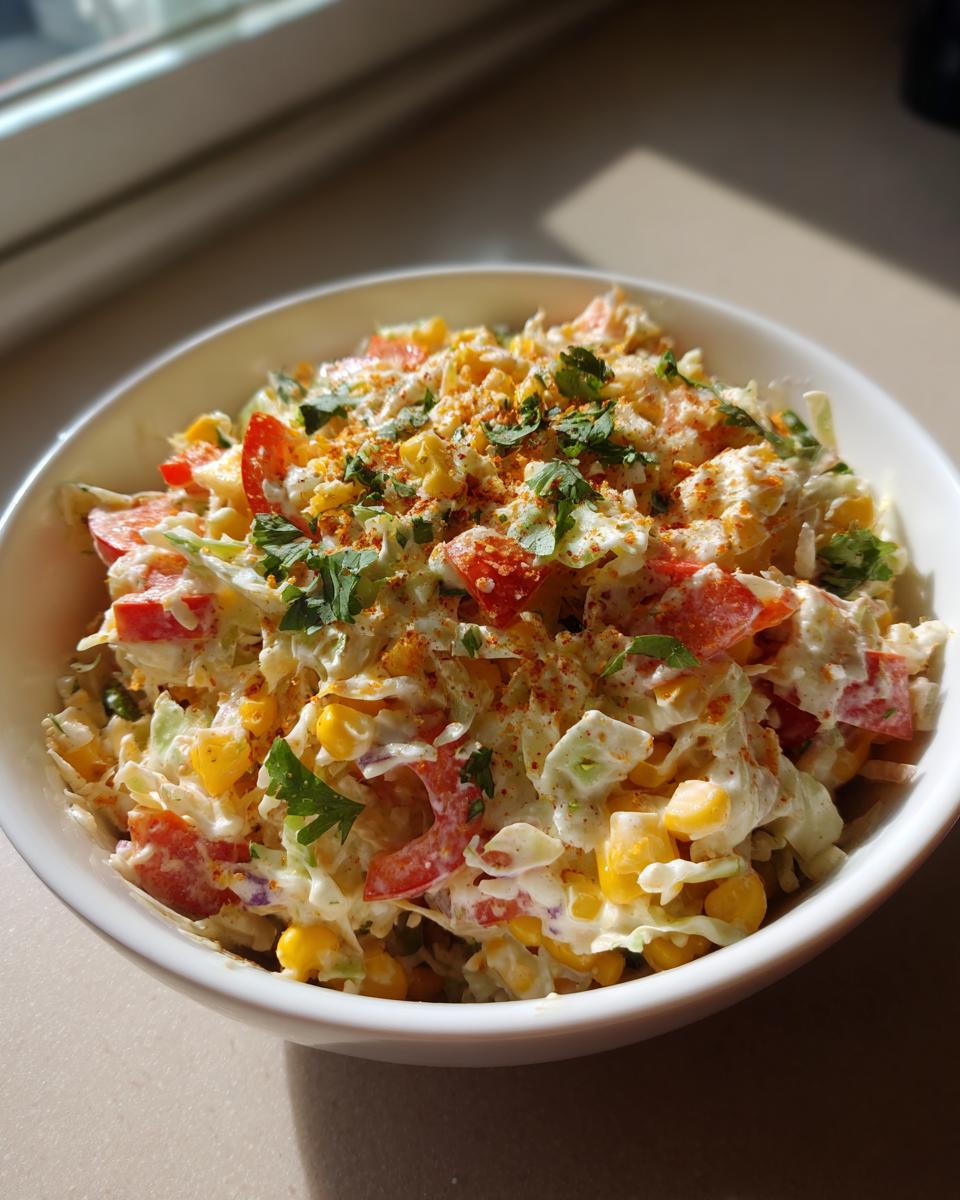 A white bowl filled with vibrant Mexican corn coleslaw, featuring corn, chopped tomatoes, red bell peppers, and cilantro.
