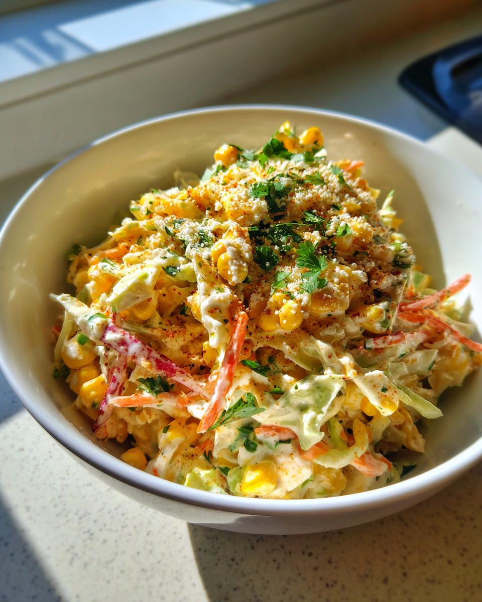 A close-up of a white bowl filled with vibrant Mexican corn coleslaw, featuring corn, shredded cabbage, carrots, and cilantro.