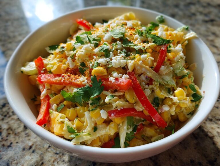 A close-up of a white bowl filled with vibrant Mexican corn coleslaw, featuring corn, red bell peppers, cilantro, and crumbled cheese.