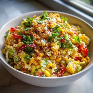 A close-up of a creamy Mexican corn coleslaw topped with cilantro, crumbled cheese, and chili powder.