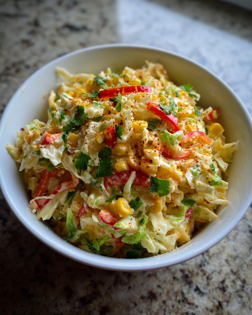A close-up of a vibrant Mexican corn coleslaw in a white bowl, featuring corn, shredded cabbage, red peppers, and cilantro.