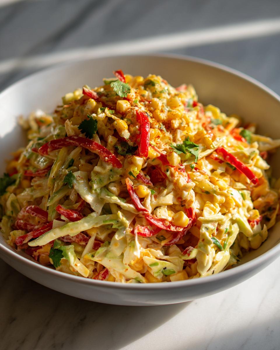 A close-up of a white bowl filled with vibrant Mexican corn coleslaw, featuring corn, cabbage, red peppers, and cilantro.