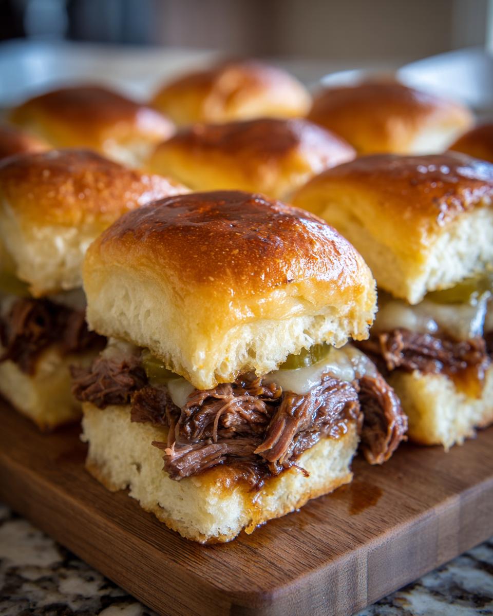 Close-up of Mississippi Pot Roast Sliders on a wooden board, featuring shredded beef, melted cheese, and pickles on soft buns.