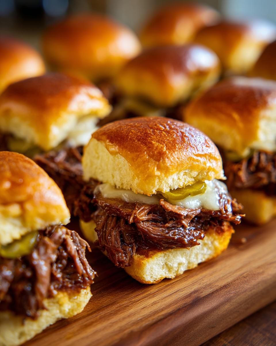 Close-up of Mississippi Pot Roast Sliders with melted cheese and pickles on a wooden board.