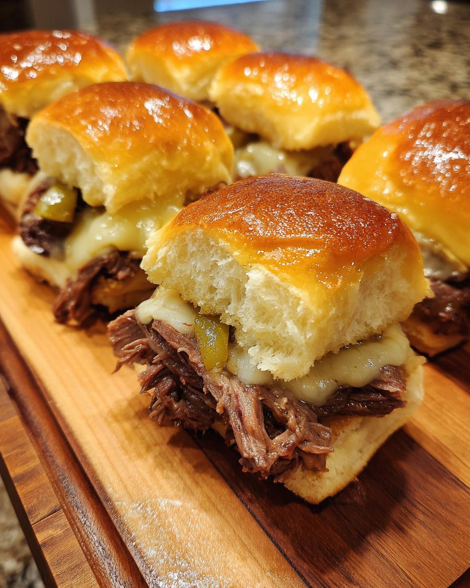 Close-up of juicy Mississippi Pot Roast Sliders on a wooden board, with melted cheese and pickles.