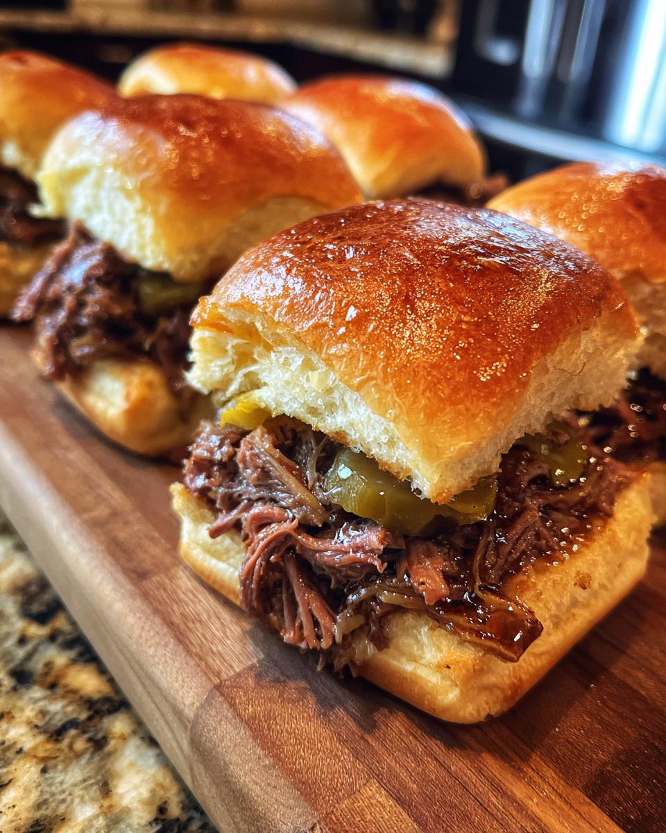 Close-up of juicy Mississippi Pot Roast Sliders on a wooden board, showcasing shredded beef and pickles.