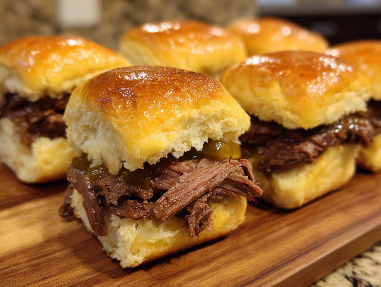Close-up of several Mississippi Pot Roast Sliders on a wooden board, showcasing tender shredded beef and soft buns.