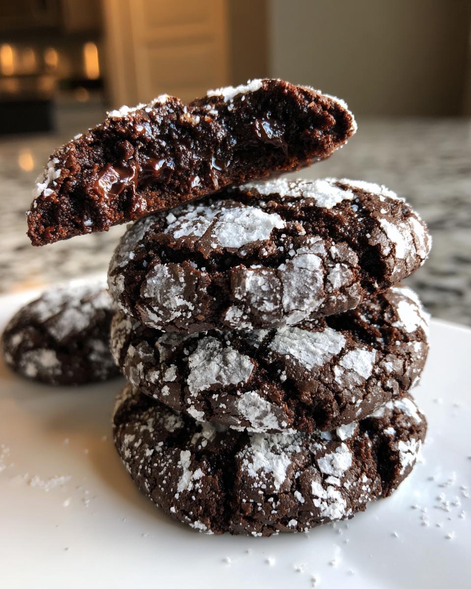 Stack of three fudgy chocolate crinkle cookies dusted with powdered sugar, with the top cookie broken open showing a gooey center.