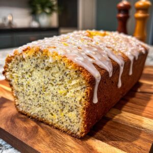 A close-up of a moist lemon poppy seed loaf with a sweet glaze drizzled on top.