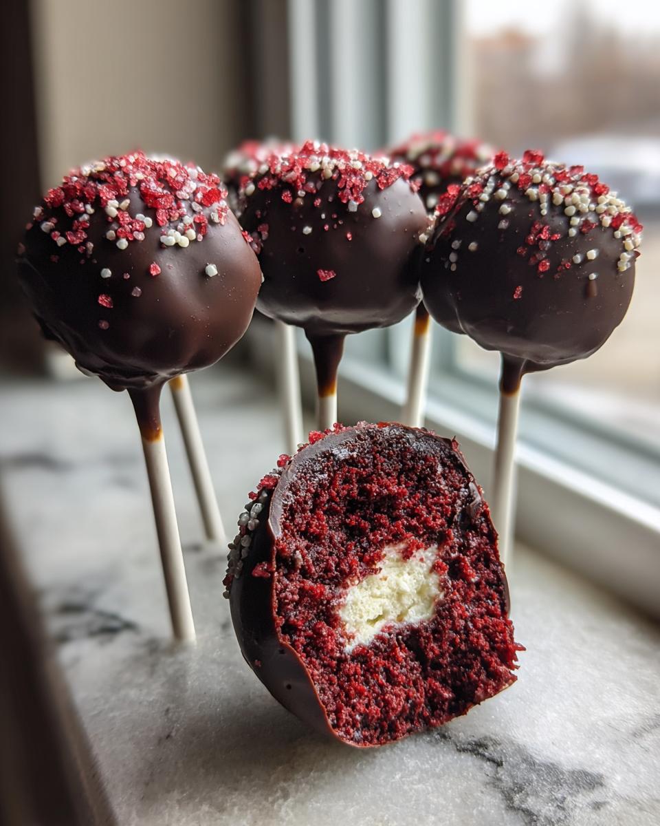 A close-up showing a cut red velvet cake pop revealing a moist interior and cream cheese filling, surrounded by whole red velvet cake pops.