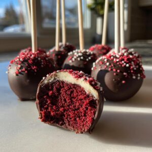 A close-up view showing the moist interior of a red velvet cake pop, dipped in chocolate and sprinkles.