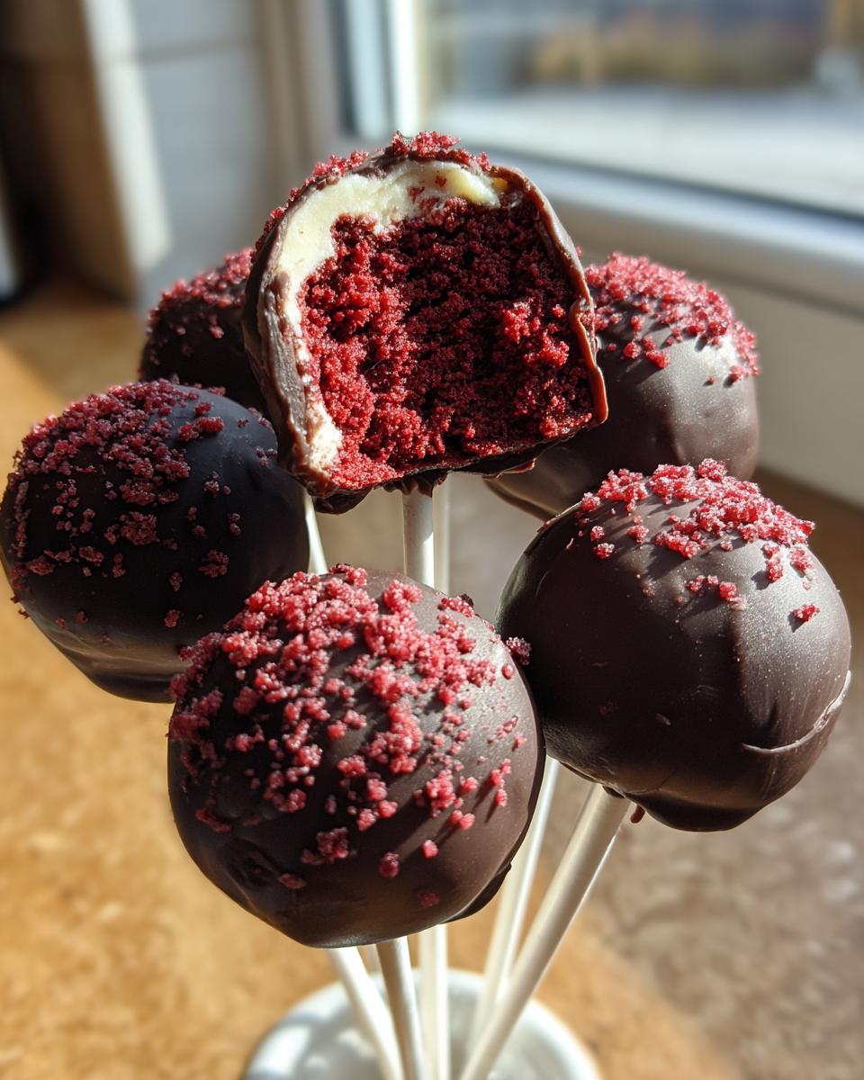 Close-up of several moist red velvet cake pops dipped in dark chocolate and topped with red sprinkles, one is cut open.