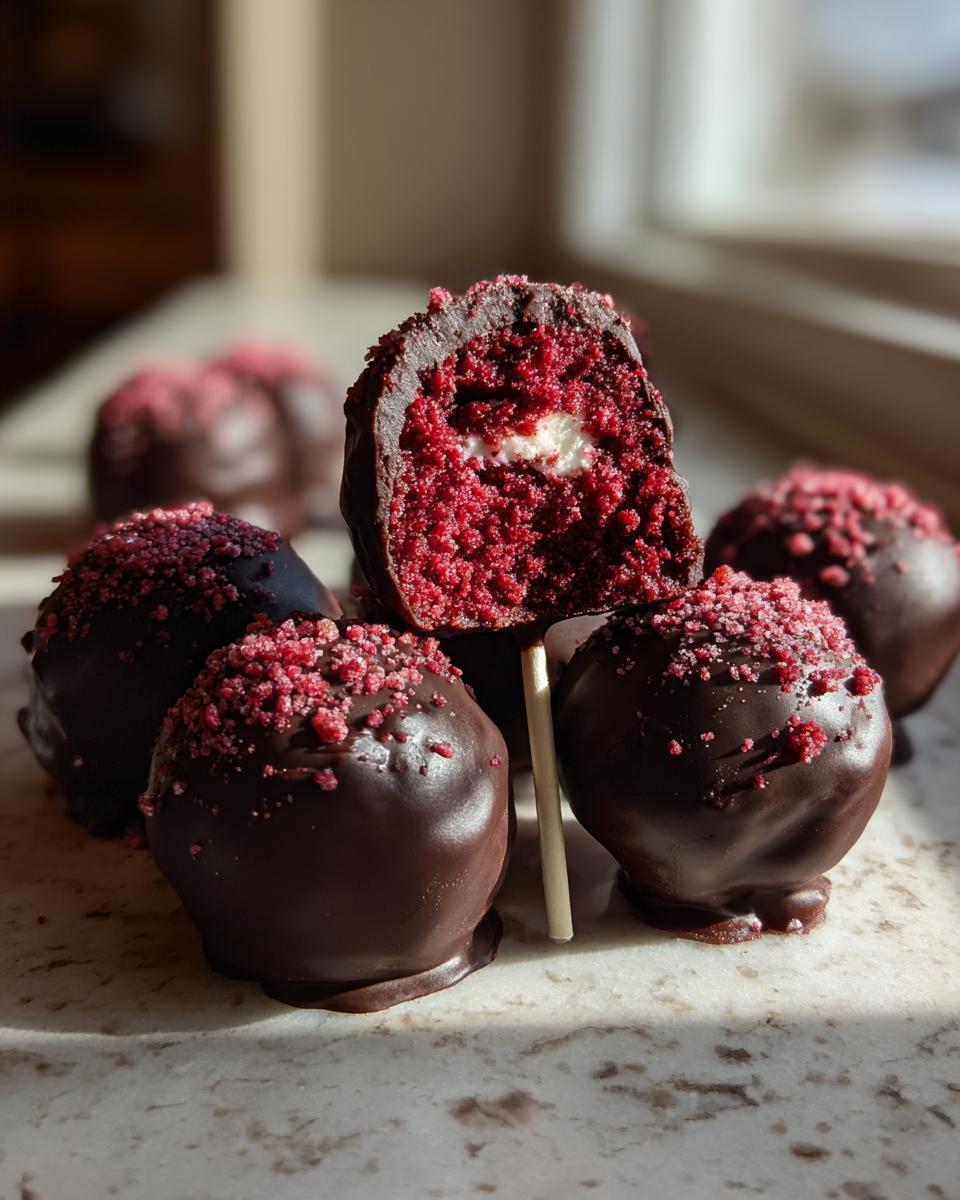 Close-up of moist red velvet cake pops dipped in dark chocolate, one cut open showing the red interior and cream cheese filling.