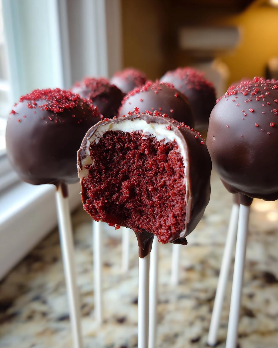 Close-up of a red velvet cake pop cut in half showing the moist interior, dipped in chocolate and topped with red sprinkles.