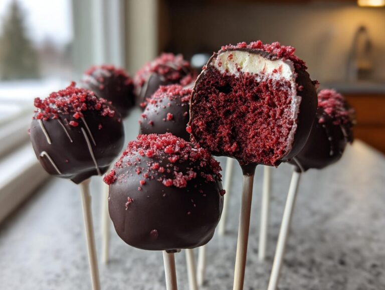 A close-up of several dark chocolate-dipped red velvet cake pops, one cut open showing the moist interior and cream cheese center.