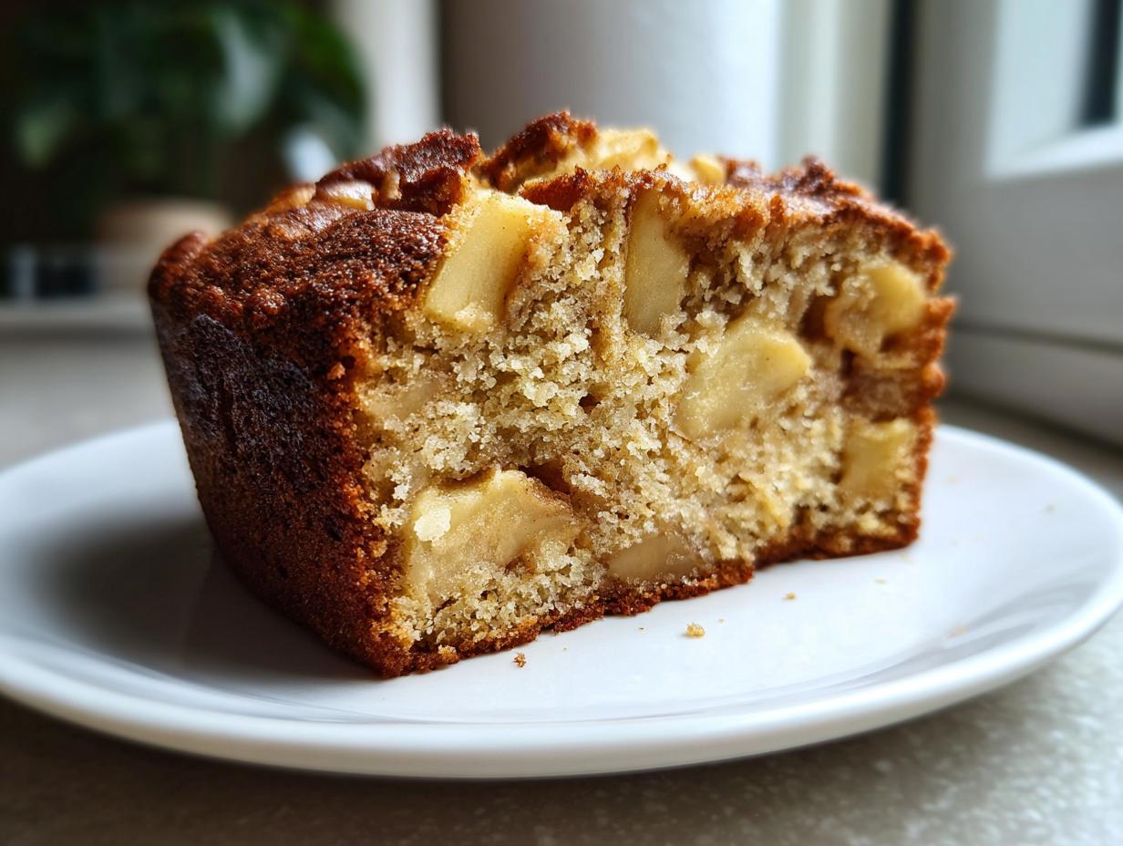 Close-up of a moist slice of apple cake showing chunks of baked apple throughout the crumb.