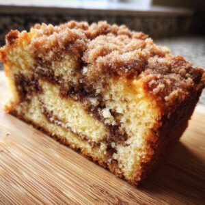 Close-up of a moist slice of sour cream coffee cake showing the cinnamon swirl and crumbly streusel topping.