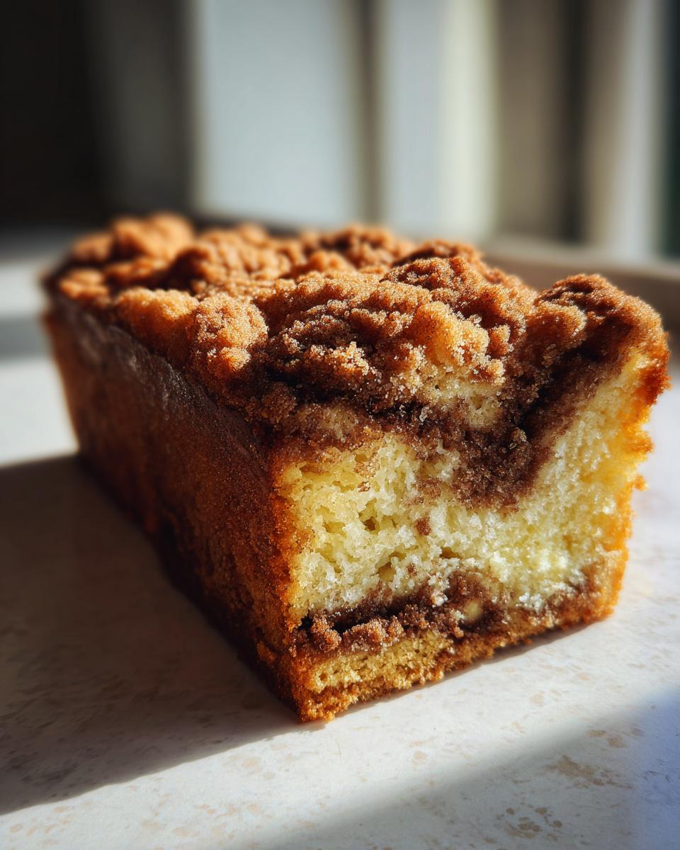 Close-up of a moist slice of sour cream coffee cake showing the light yellow cake, cinnamon swirl, and thick brown crumb topping.
