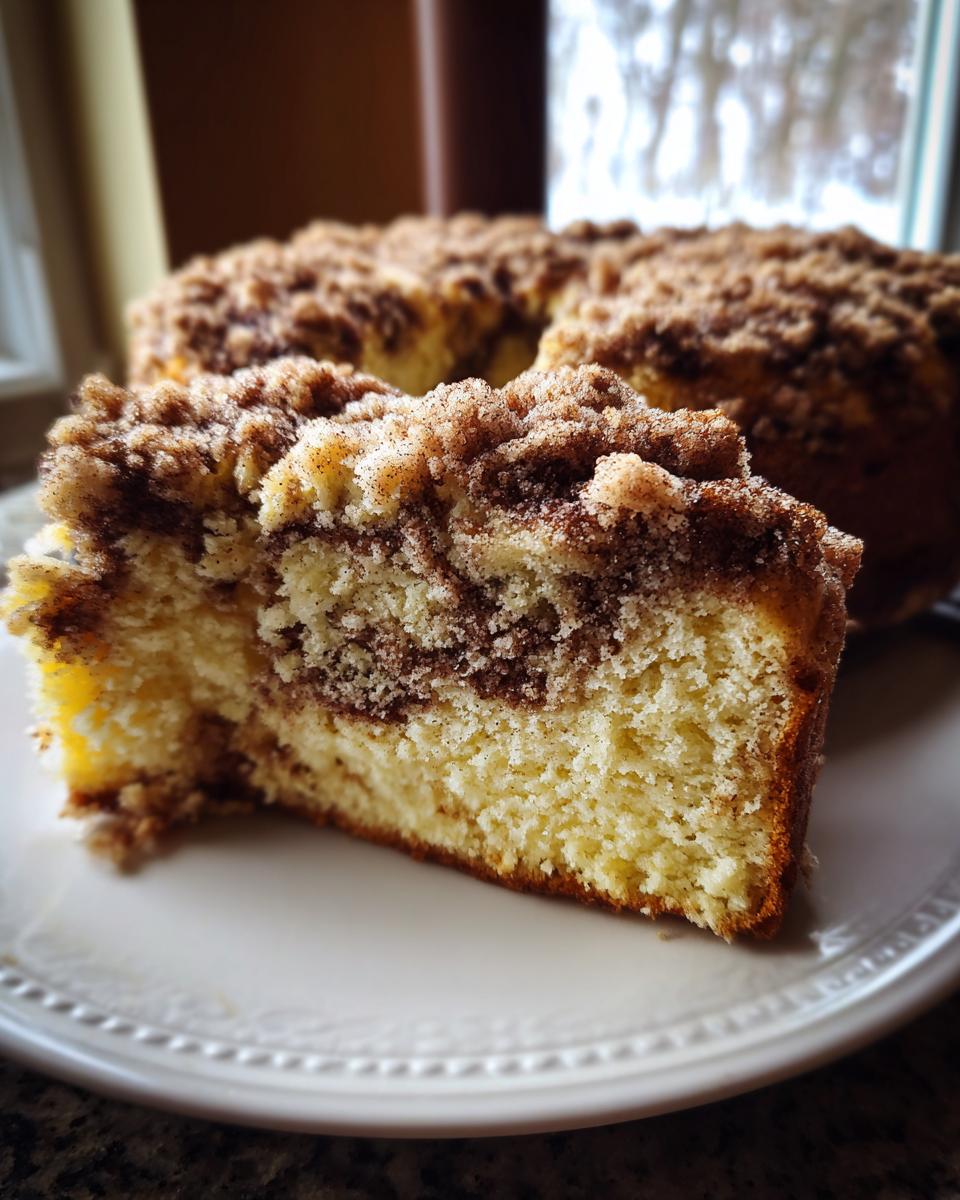 A close-up of a moist slice of sour cream coffee cake showing the cinnamon swirl and crumb topping.