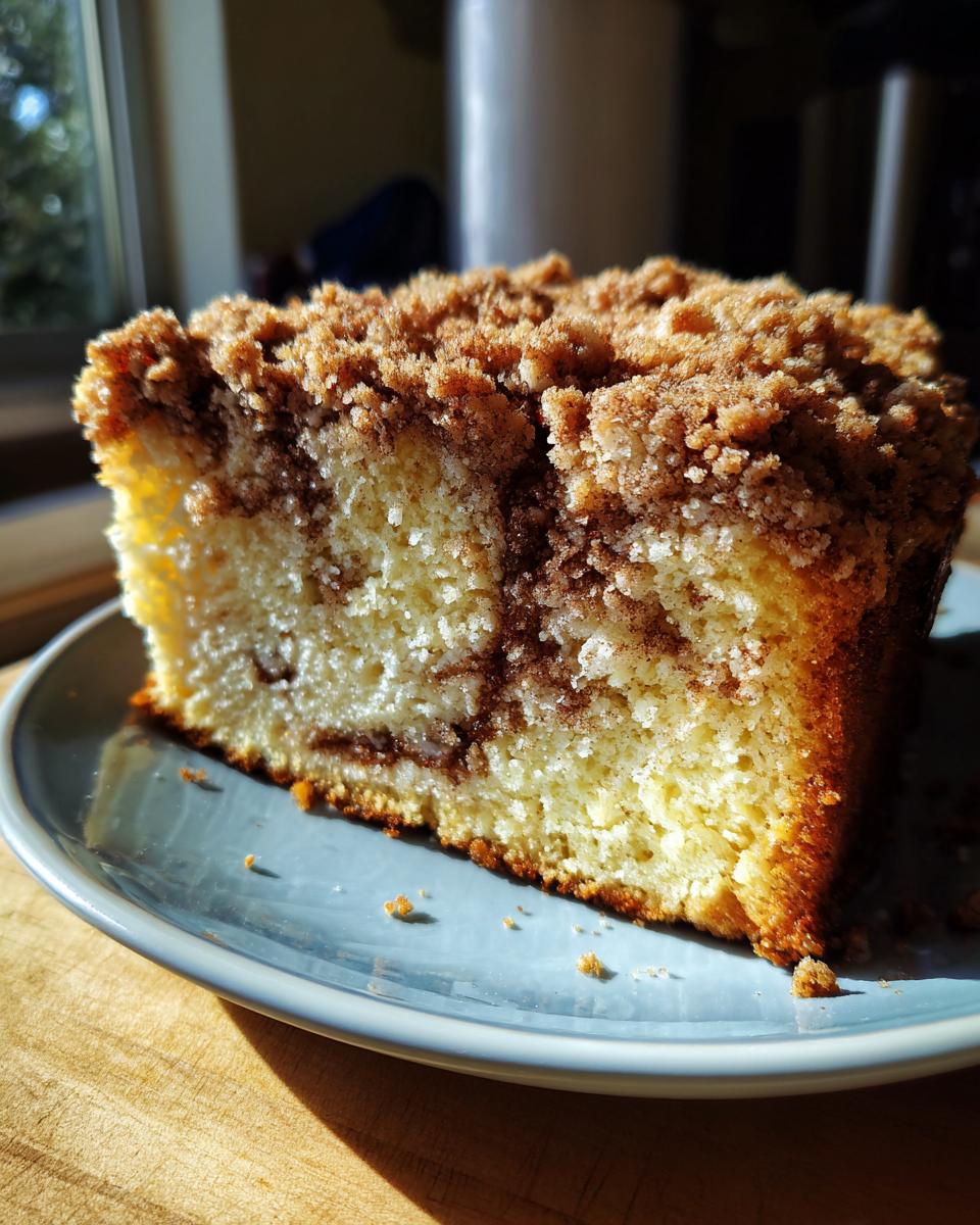 Close-up of a moist slice of sour cream coffee cake featuring a thick cinnamon streusel topping.