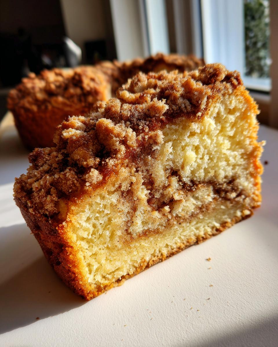Close-up of a moist slice of sour cream coffee cake showing the tender crumb and thick cinnamon streusel topping.