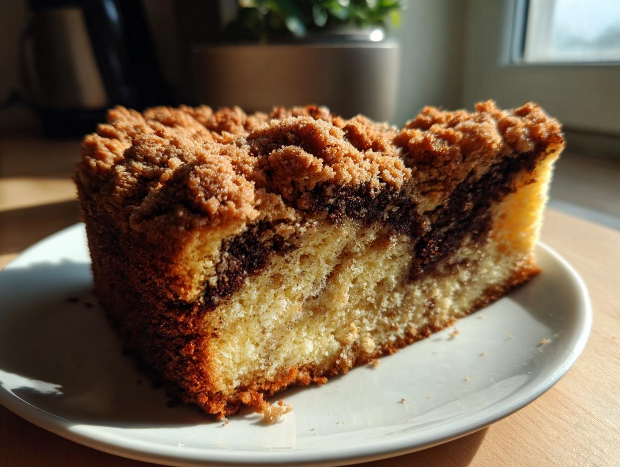 A moist slice of sour cream coffee cake featuring a dark chocolate swirl and thick cinnamon streusel topping.