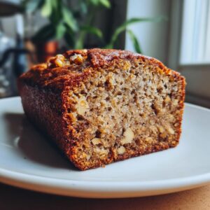 A close-up of a moist slice of sugar free banana bread, showing its texture and visible walnut pieces.