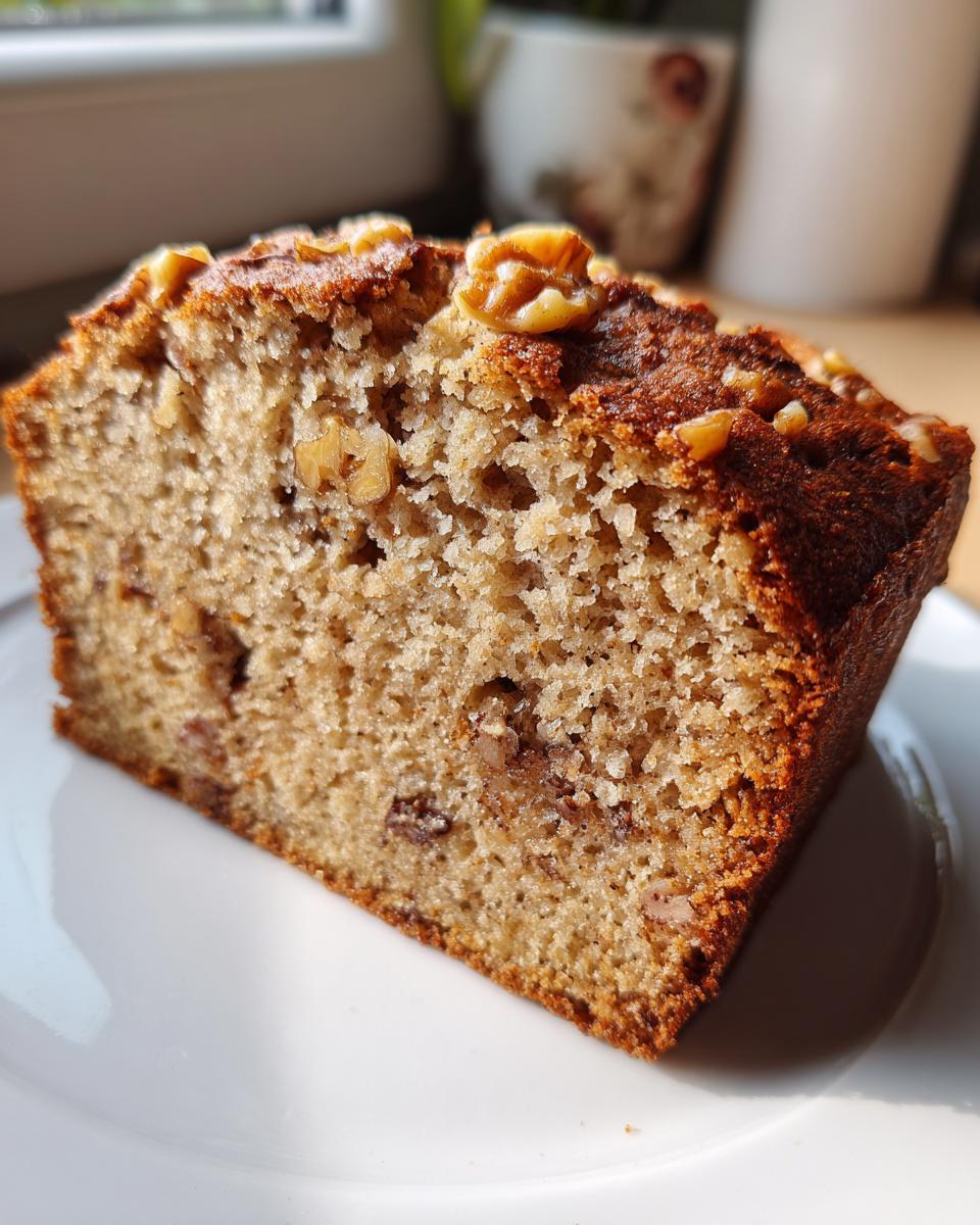 Close-up of a moist slice of sugar free banana bread topped with walnuts, sitting on a white plate.