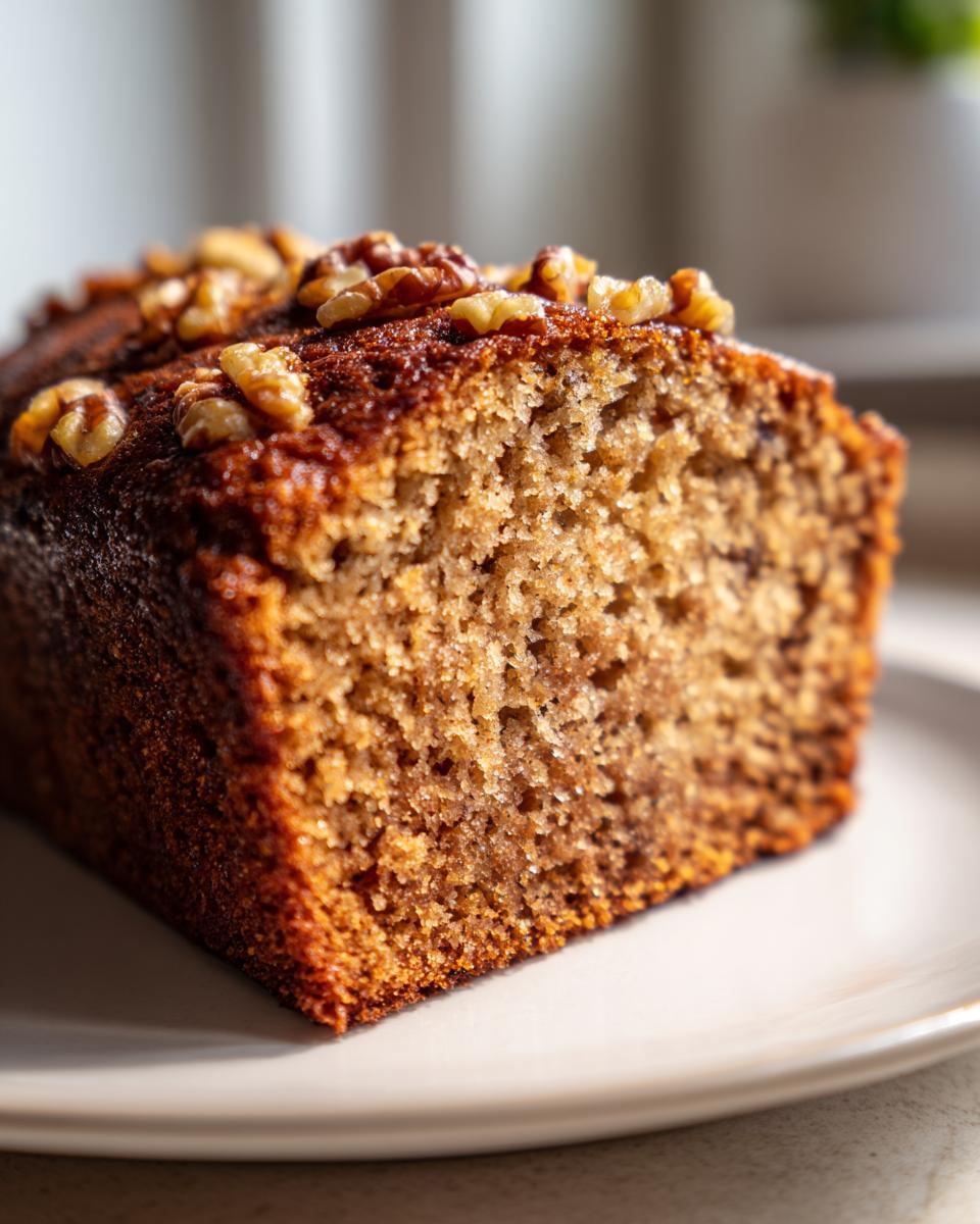 Close-up of a moist slice of sugar free banana bread topped with walnuts on a light plate.