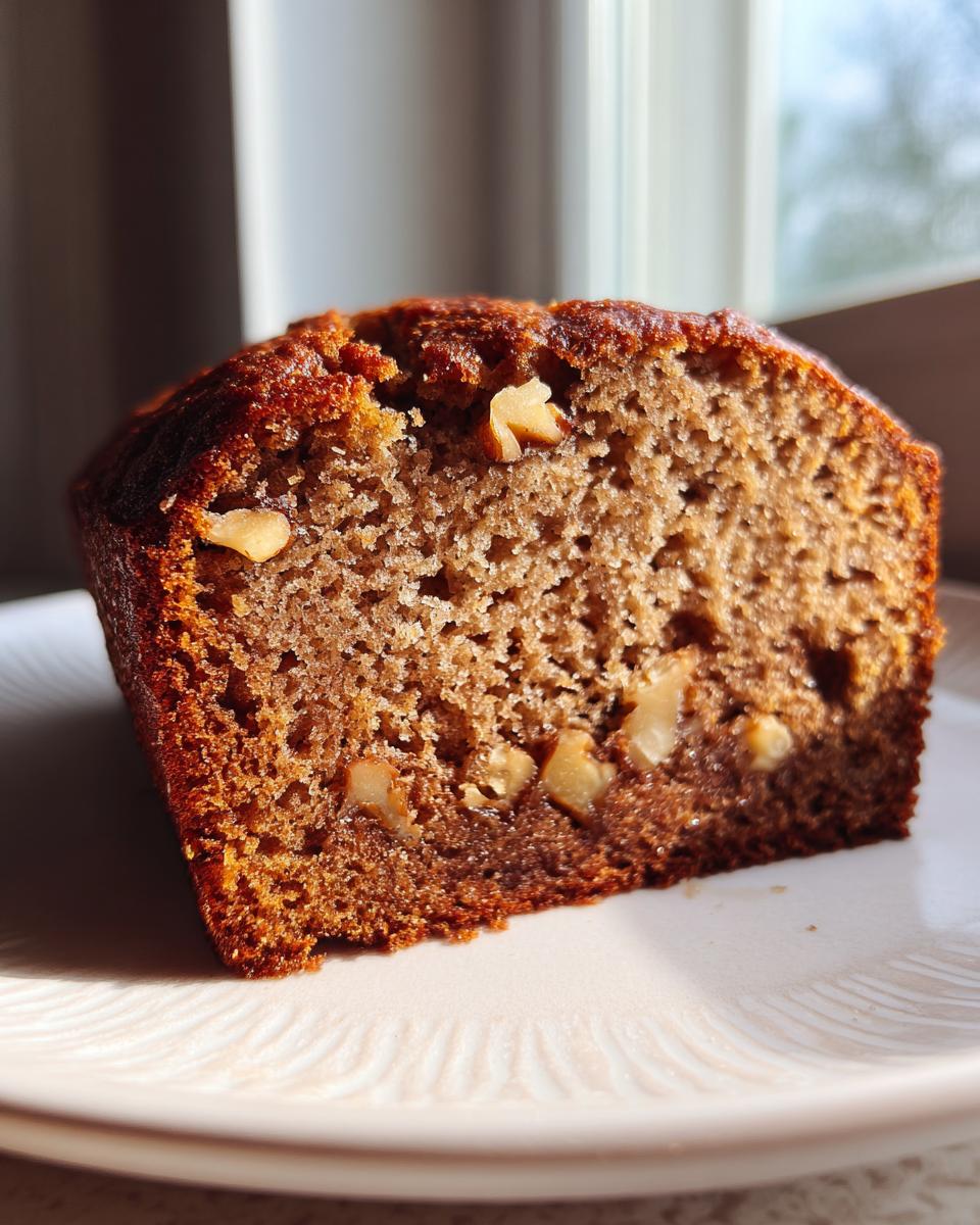 Close-up of a moist slice of sugar free banana bread showing its rich brown crumb and visible walnut pieces.