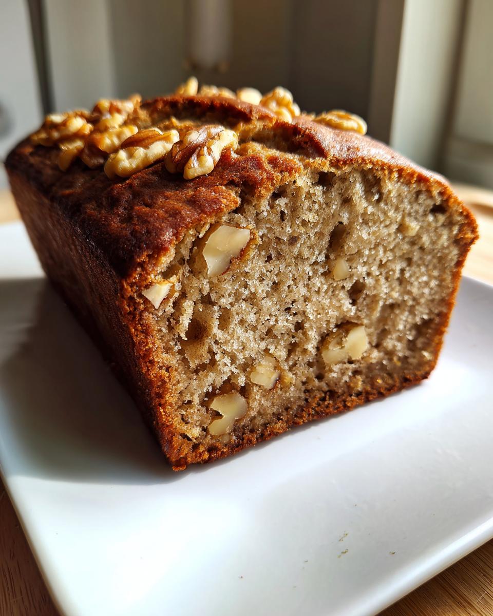 Close-up of a moist slice of sugar free banana bread topped with walnuts, showing its texture.