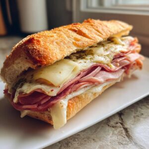 A close-up of a delicious Muffuletta sandwich filled with ham, salami, melted cheese, and herbs on a crusty roll.