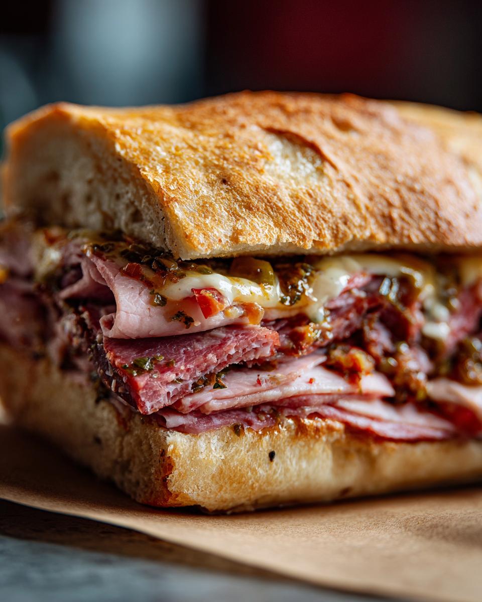 Close-up of a stacked Muffuletta sandwich featuring layers of deli meats, melted cheese, and olive salad on a crusty roll.