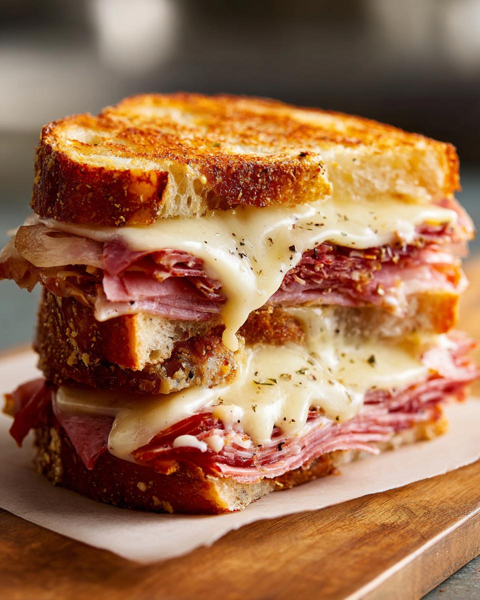 A tall, stacked Muffuletta sandwich with layers of ham, salami, and melted cheese, on toasted bread.