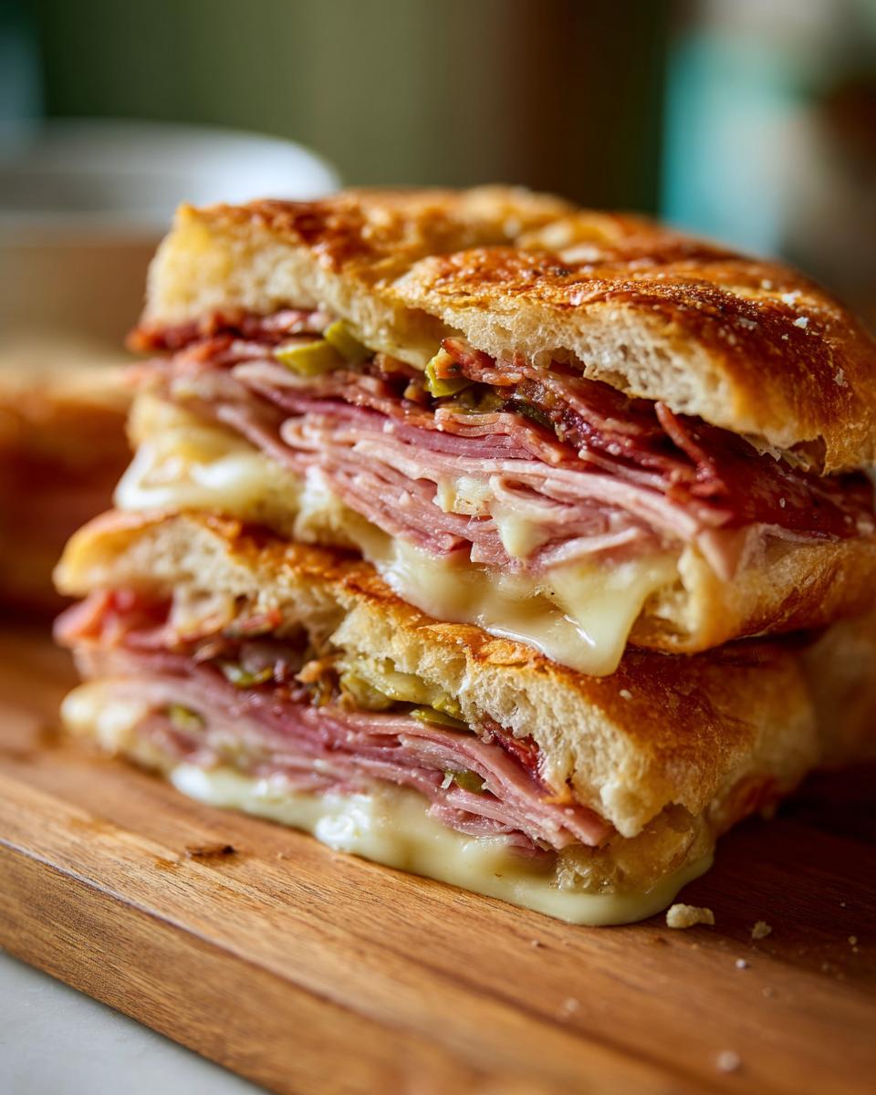 Close-up of a stacked Muffuletta sandwich on a wooden board, showcasing layers of deli meats, cheese, and olive salad.