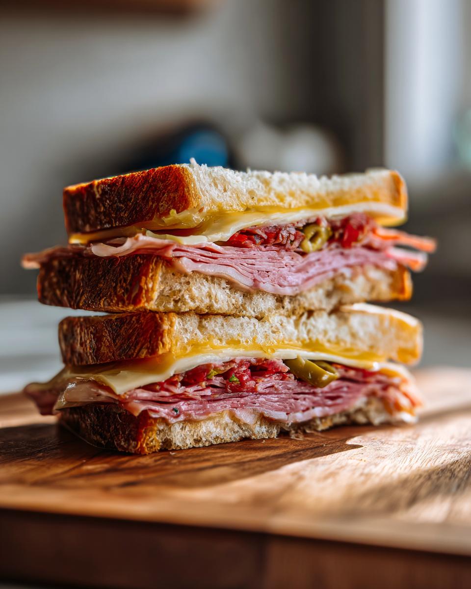 A tall, stacked Muffuletta sandwich on a wooden board, featuring layers of deli meats, cheese, and olive salad.