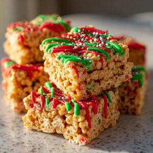 Close-up of stacked no-bake Christmas treats, drizzled with red and green icing and festive sprinkles.