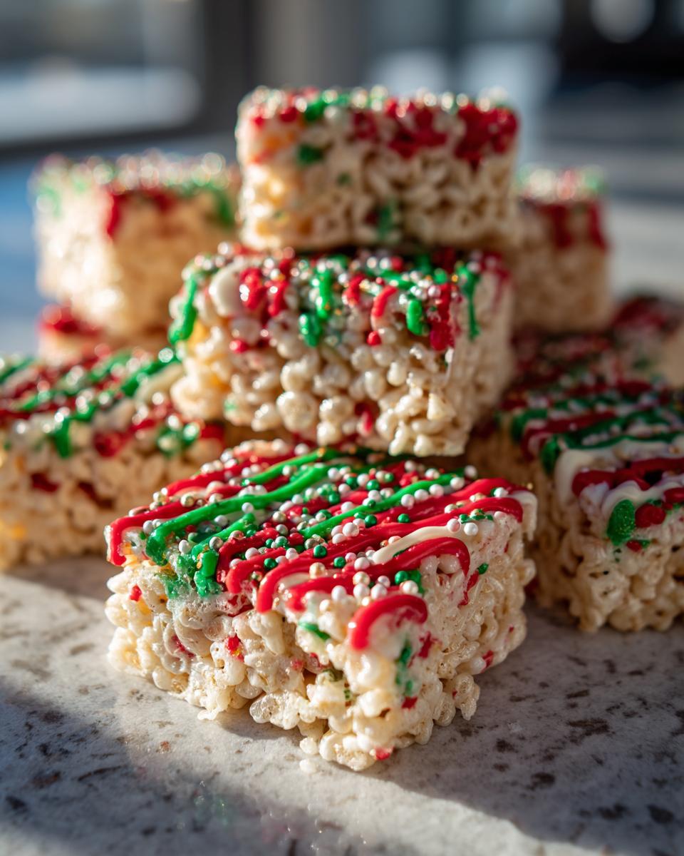 Close-up of no-bake Christmas treats decorated with red and green icing and sprinkles.