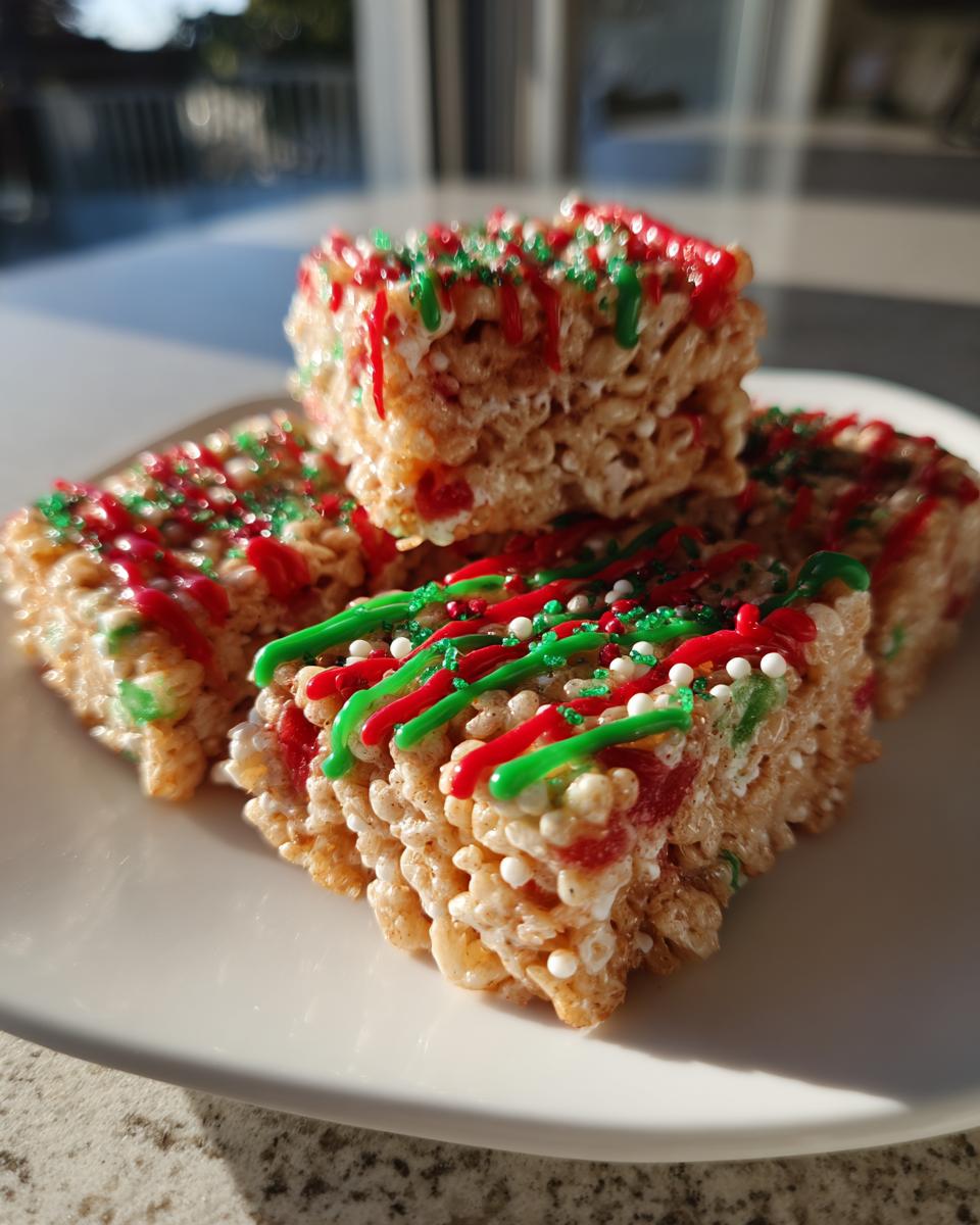 Close-up of no-bake Christmas treats, crispy rice squares drizzled with red and green icing and festive sprinkles.