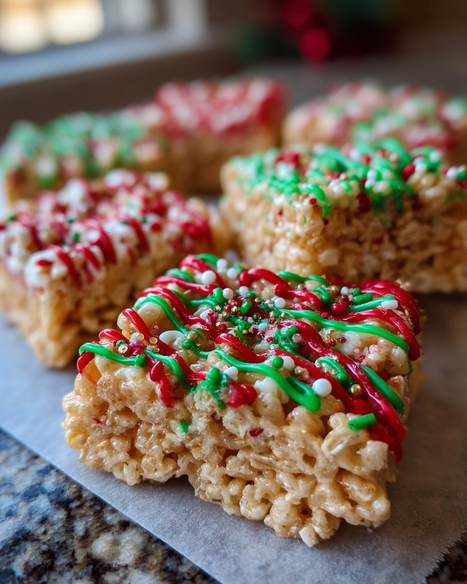 Close-up of festive no-bake Christmas treats, decorated with red and green icing and sprinkles.