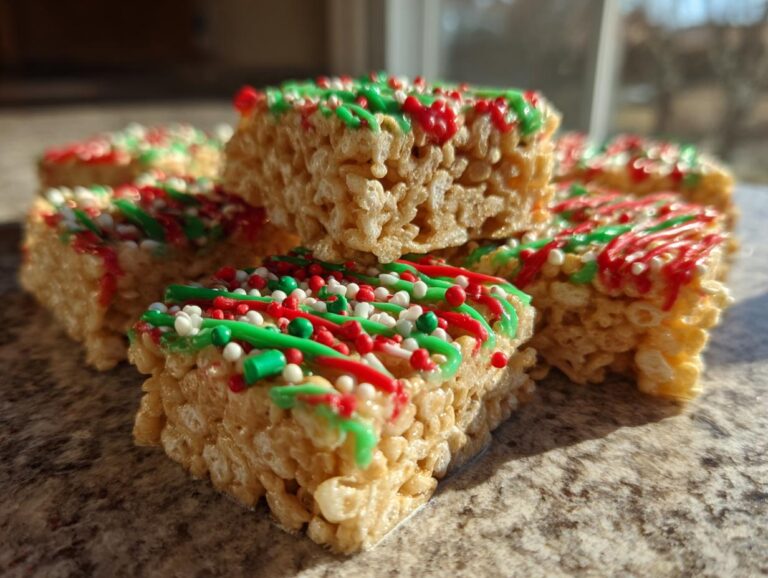Close-up of no-bake Christmas treats, decorated with green and red icing and festive sprinkles.