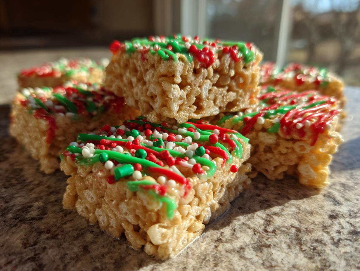 Close-up of no-bake Christmas treats, decorated with green and red icing and festive sprinkles.