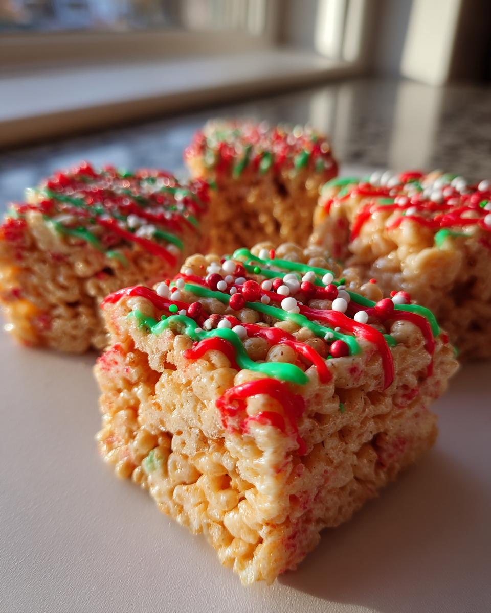 Close-up of no-bake Christmas treats, decorated with red and green icing and festive sprinkles.