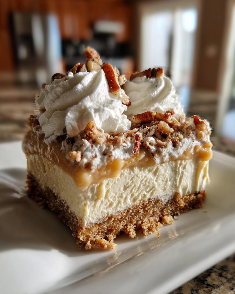 A delicious slice of no bake pecan pie lasagna, topped with whipped cream and chopped pecans.
