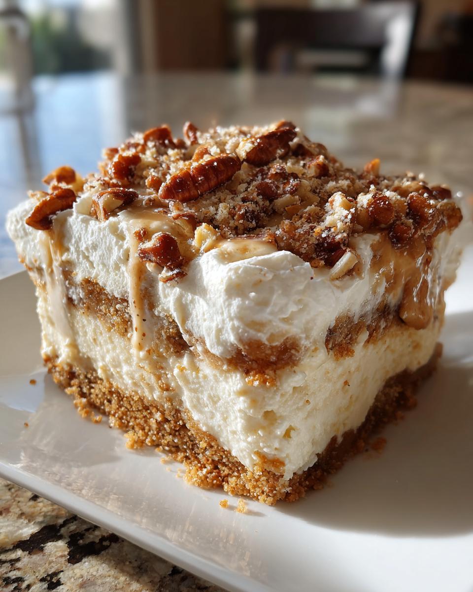 A delicious slice of no bake pecan pie lasagna with layers of creamy filling and a pecan topping.